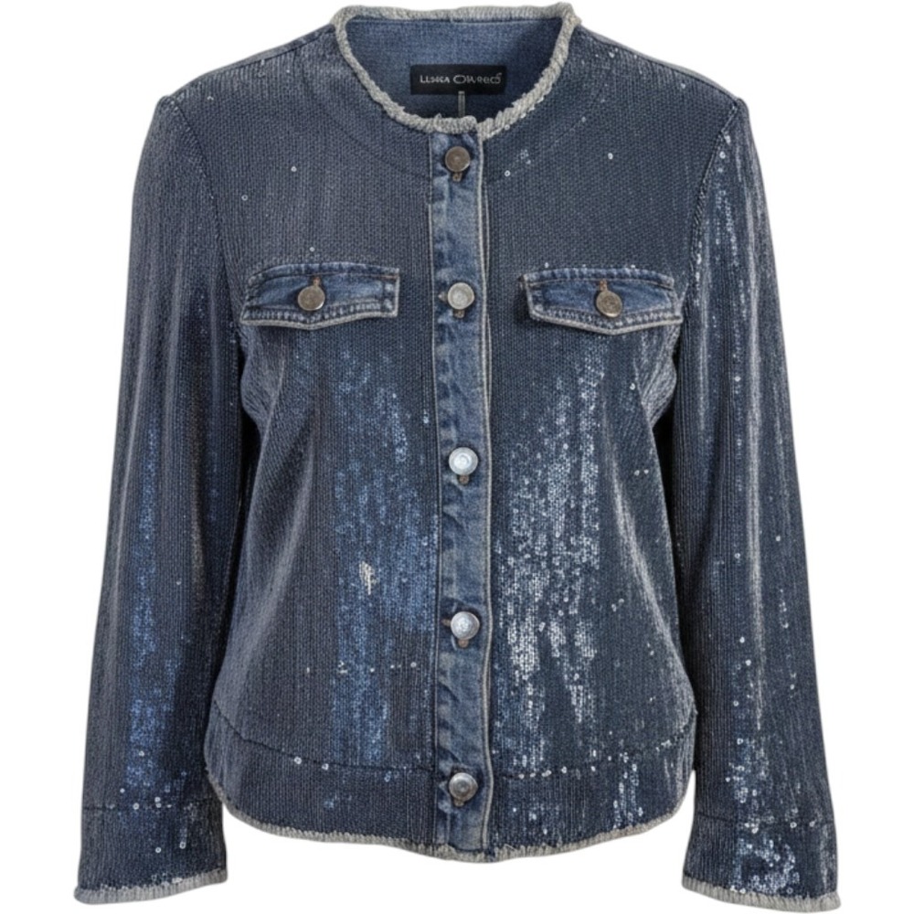 Luisa Cerano Sequin Denim Jacket Size 10 Blue Raw Edge Bell Sleeve